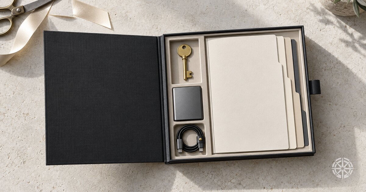 A handover kit seen from above — a brass key, an archive drive, a cable and blank project folios in a presentation box, with a launch ribbon discarded to one side