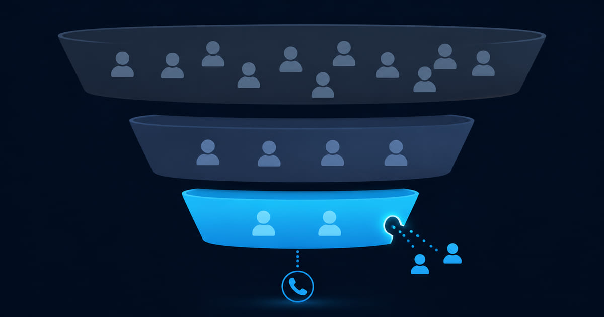 A three-stage funnel narrowing from ten arrivals to four to two, the final stage highlighted, with a leak in its side where two figures escape before reaching the contact step