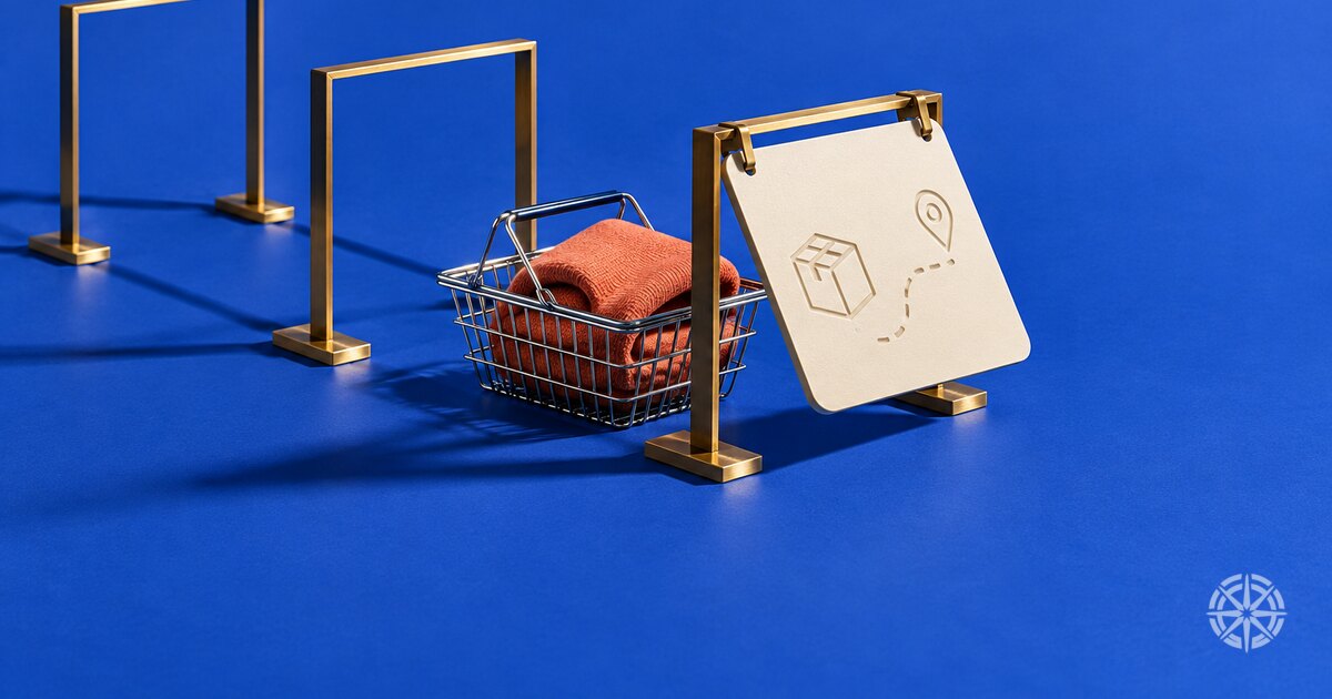 A wire shopping basket holding a folded jumper, partway along a receding row of brass gates, with a card showing a parcel and a dashed route to a location pin hung at a gate the basket has not yet reached