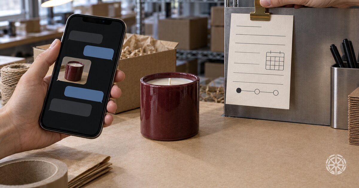A hand holds a phone showing a chat thread with a photo of a candle in it, beside that same candle on a workbench and a clipboard carrying a ruled order form, a calendar grid and a three-stage progress track with the first stage filled